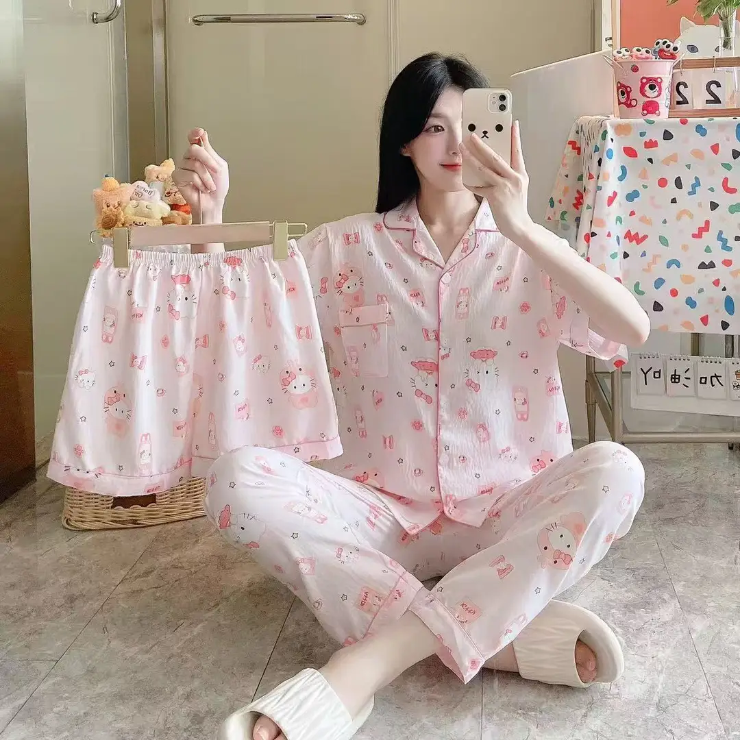 New Pleated Cloud Cotton Pajamas Girls Three-Piece Spring and Summer Printed Lapel Cute Home Clothes Set Cartoon