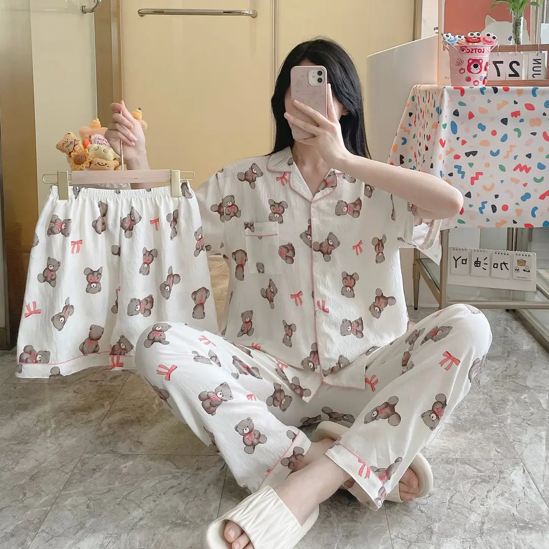 New Pleated Cloud Cotton Pajamas Girls Three-Piece Spring and Summer Printed Lapel Cute Home Clothes Set Cartoon