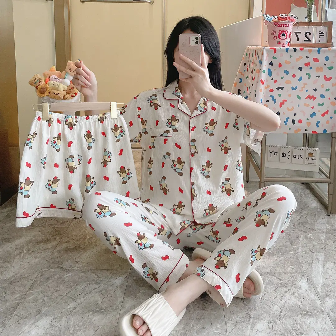 New Pleated Cloud Cotton Pajamas Girls Three-Piece Spring and Summer Printed Lapel Cute Home Clothes Set Cartoon