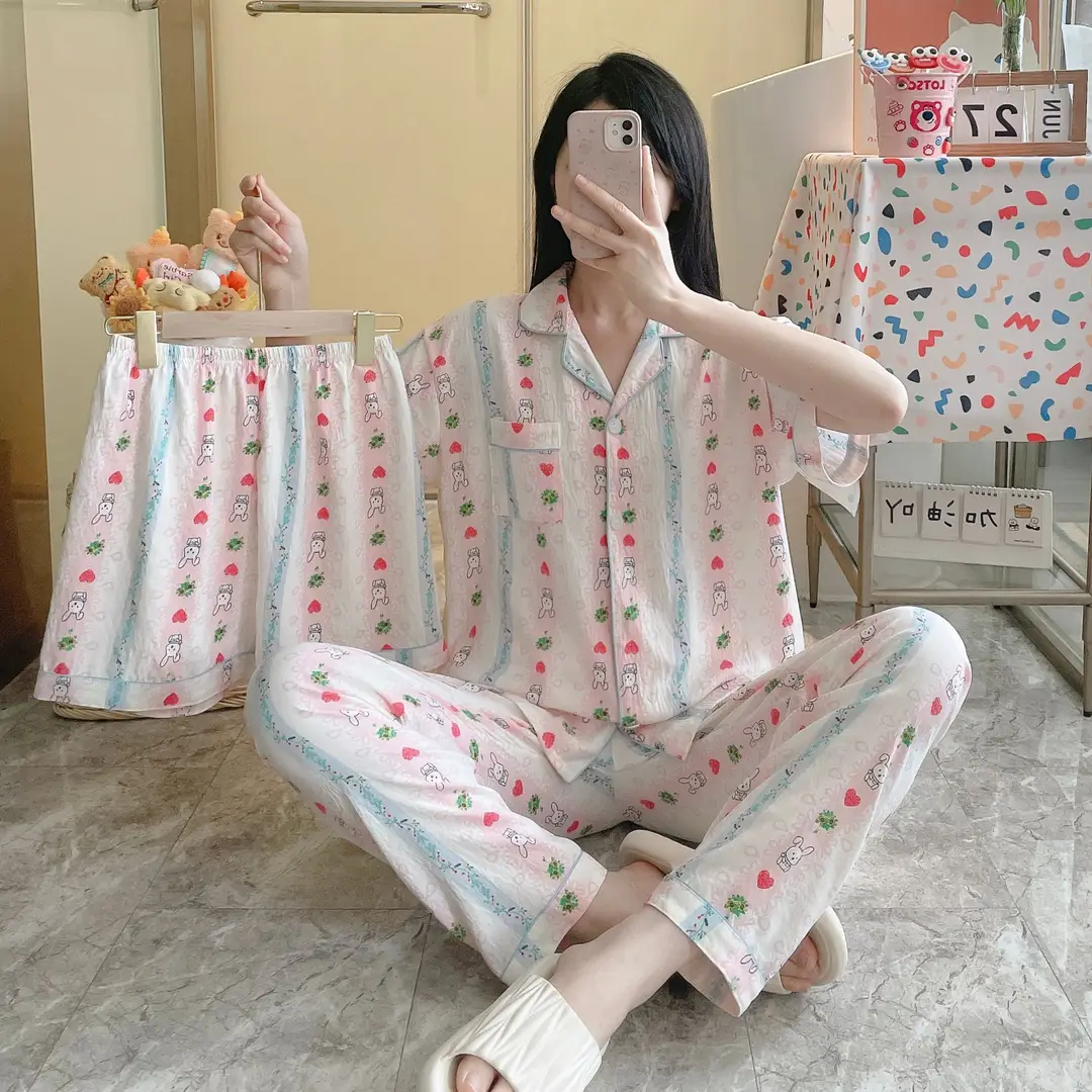 New Pleated Cloud Cotton Pajamas Girls Three-Piece Spring and Summer Printed Lapel Cute Home Clothes Set Cartoon