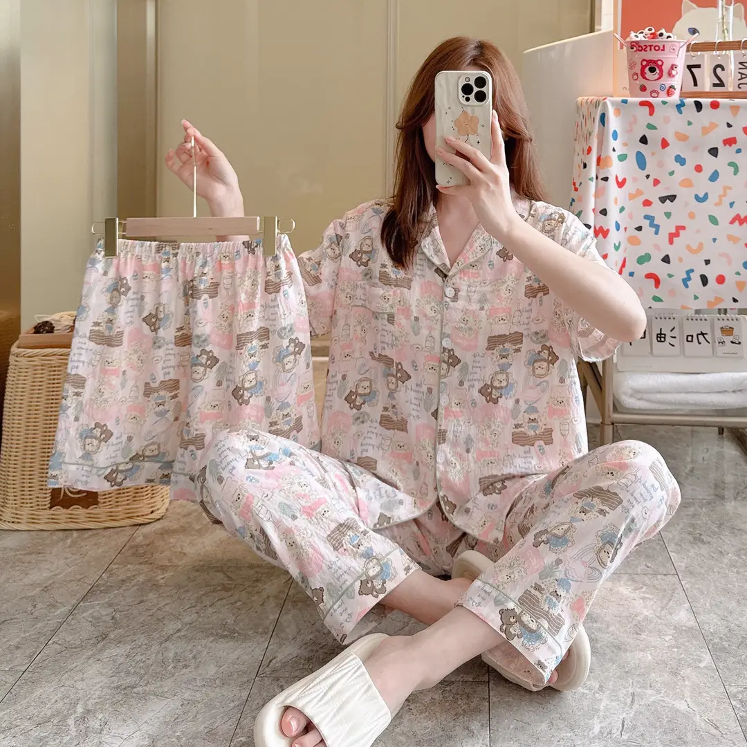 New Pleated Cloud Cotton Pajamas Girls Three-Piece Spring and Summer Printed Lapel Cute Home Clothes Set Cartoon