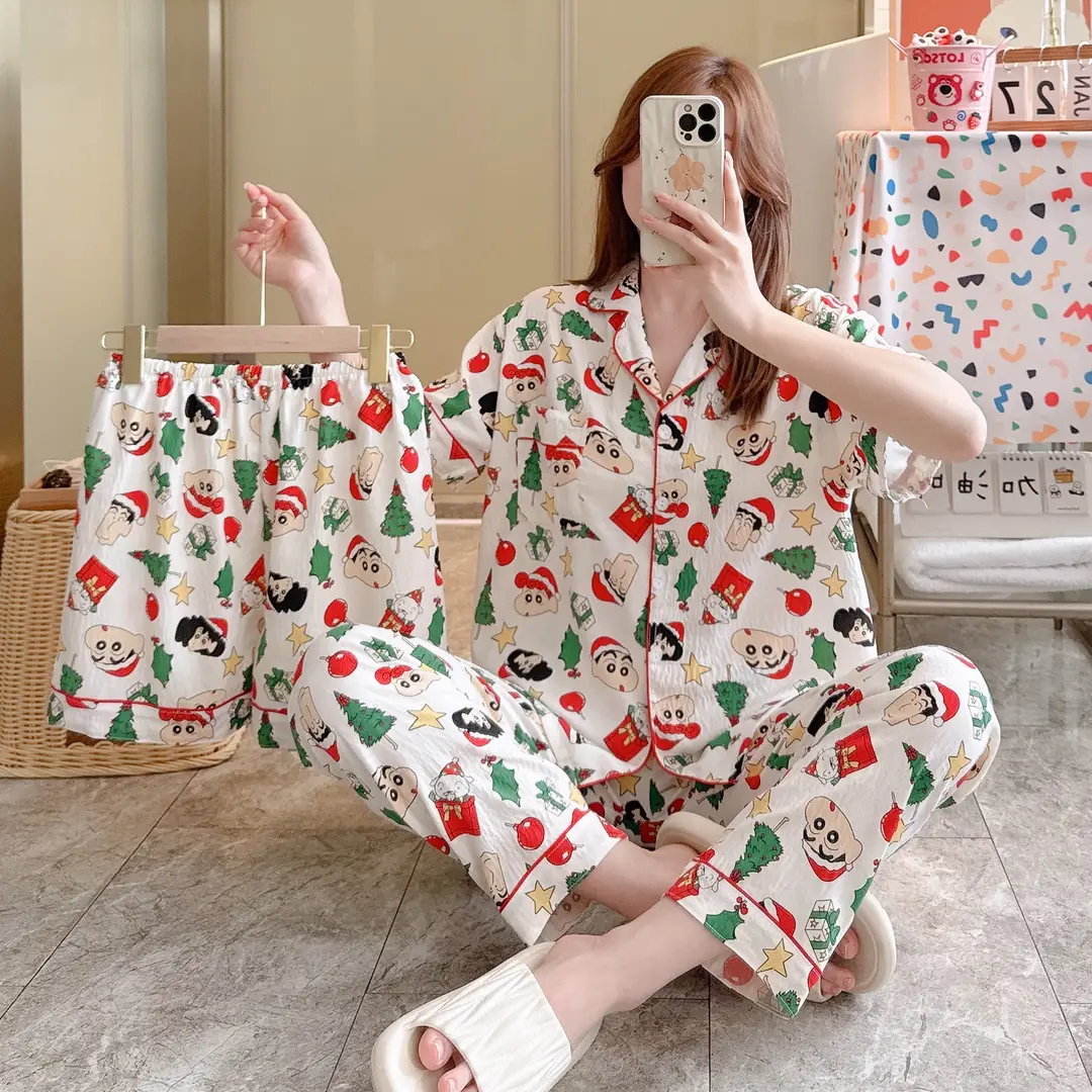 New Pleated Cloud Cotton Pajamas Girls Three-Piece Spring and Summer Printed Lapel Cute Home Clothes Set Cartoon