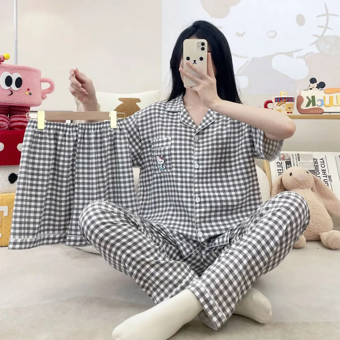 New Pleated Cloud Cotton Pajamas Girls Three-Piece Spring and Summer Printed Lapel Cute Home Clothes Set Cartoon