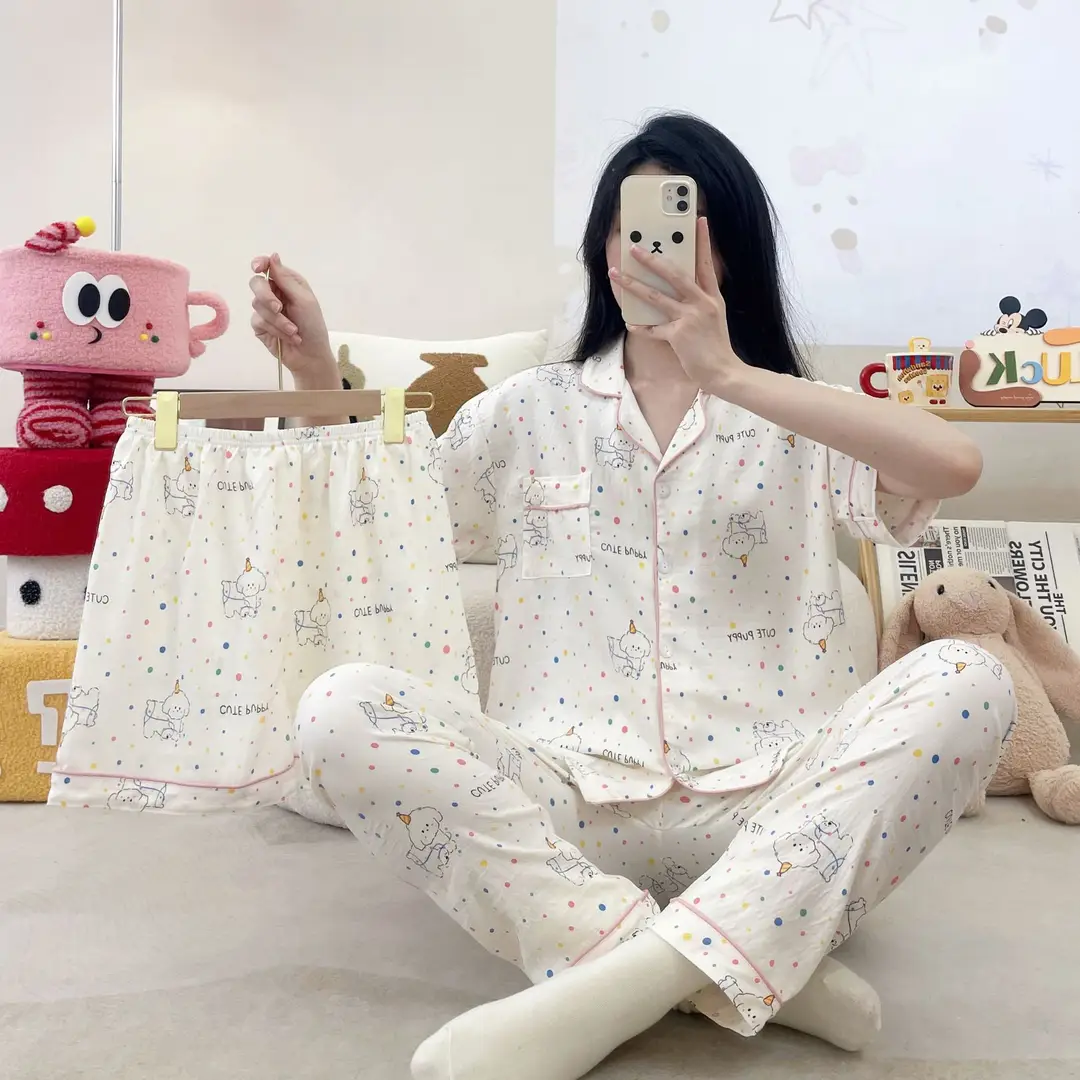 New Pleated Cloud Cotton Pajamas Girls Three-Piece Spring and Summer Printed Lapel Cute Home Clothes Set Cartoon