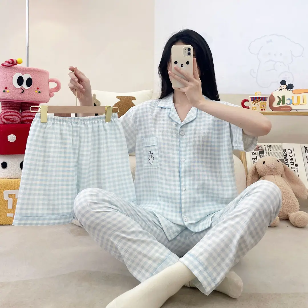 New Pleated Cloud Cotton Pajamas Girls Three-Piece Spring and Summer Printed Lapel Cute Home Clothes Set Cartoon