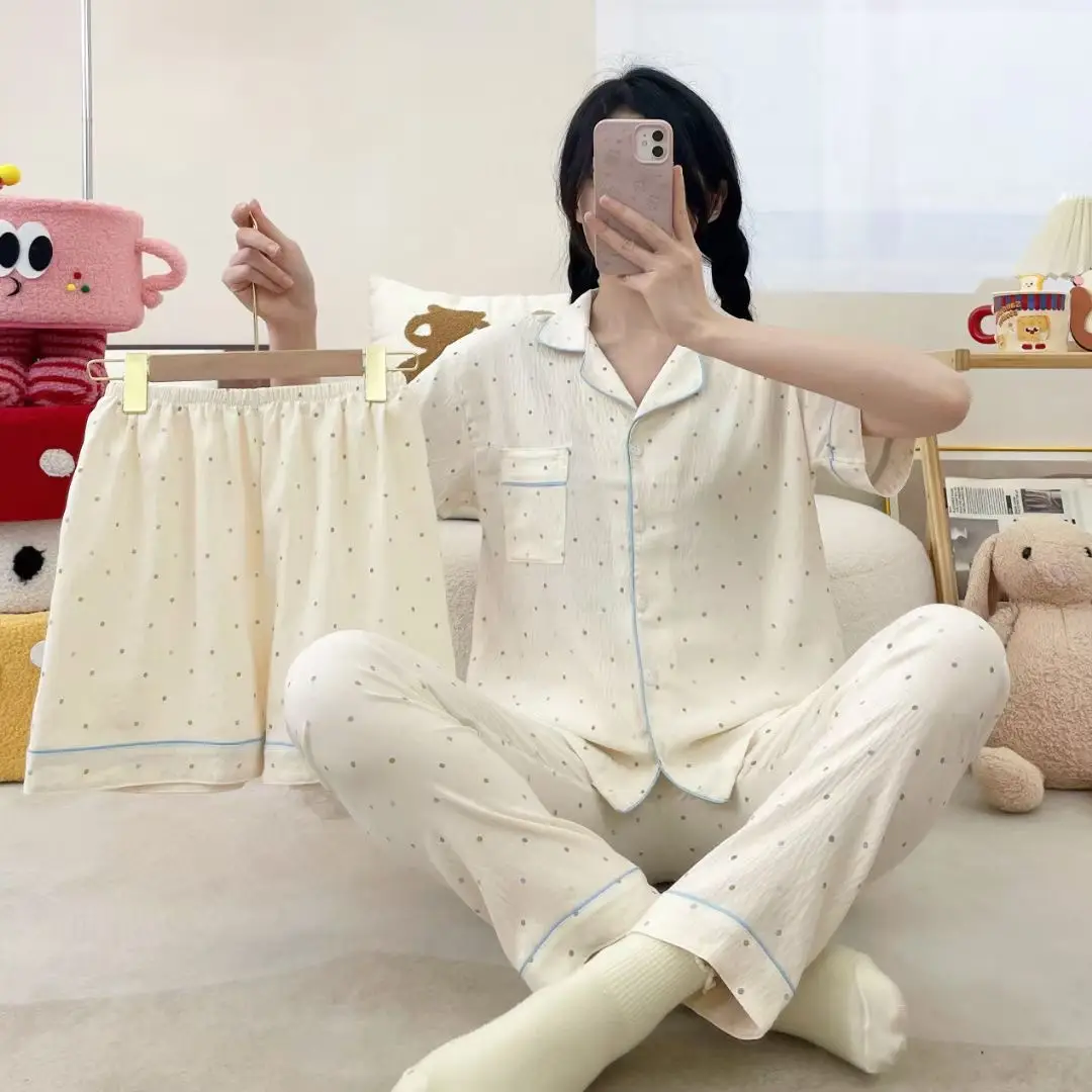 New Pleated Cloud Cotton Pajamas Girls Three-Piece Spring and Summer Printed Lapel Cute Home Clothes Set Cartoon