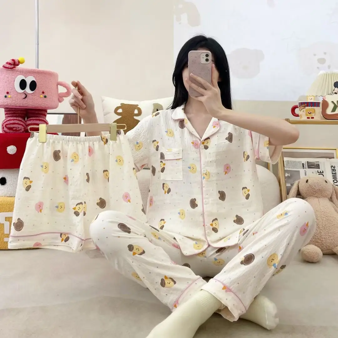 New Pleated Cloud Cotton Pajamas Girls Three-Piece Spring and Summer Printed Lapel Cute Home Clothes Set Cartoon
