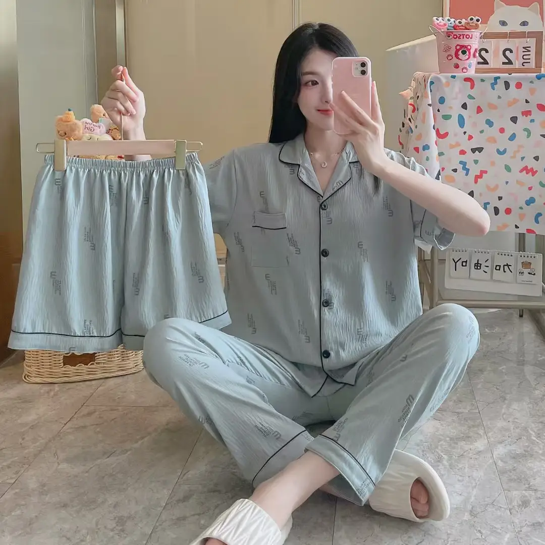 New Pleated Cloud Cotton Pajamas Girls Three-Piece Spring and Summer Printed Lapel Cute Home Clothes Set Cartoon