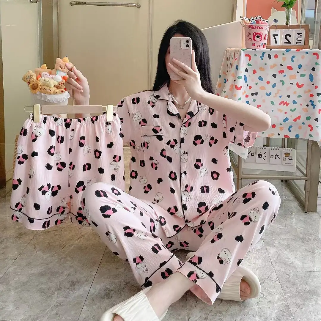 New Pleated Cloud Cotton Pajamas Girls Three-Piece Spring and Summer Printed Lapel Cute Home Clothes Set Cartoon