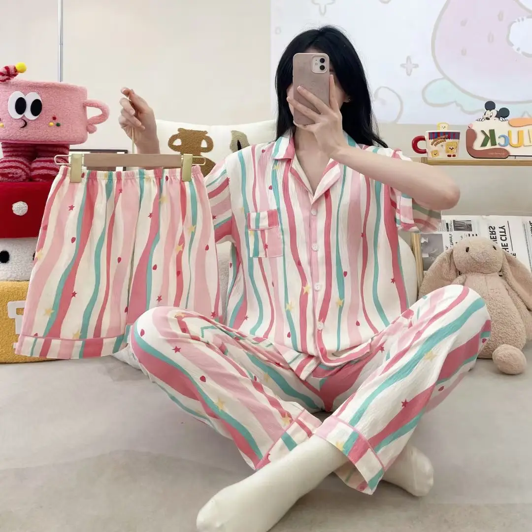 New Pleated Cloud Cotton Pajamas Girls Three-Piece Spring and Summer Printed Lapel Cute Home Clothes Set Cartoon
