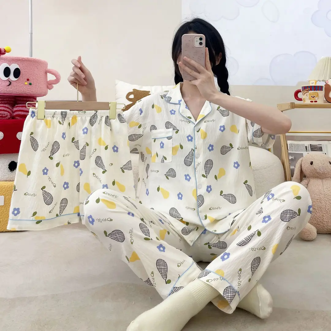 New Pleated Cloud Cotton Pajamas Girls Three-Piece Spring and Summer Printed Lapel Cute Home Clothes Set Cartoon