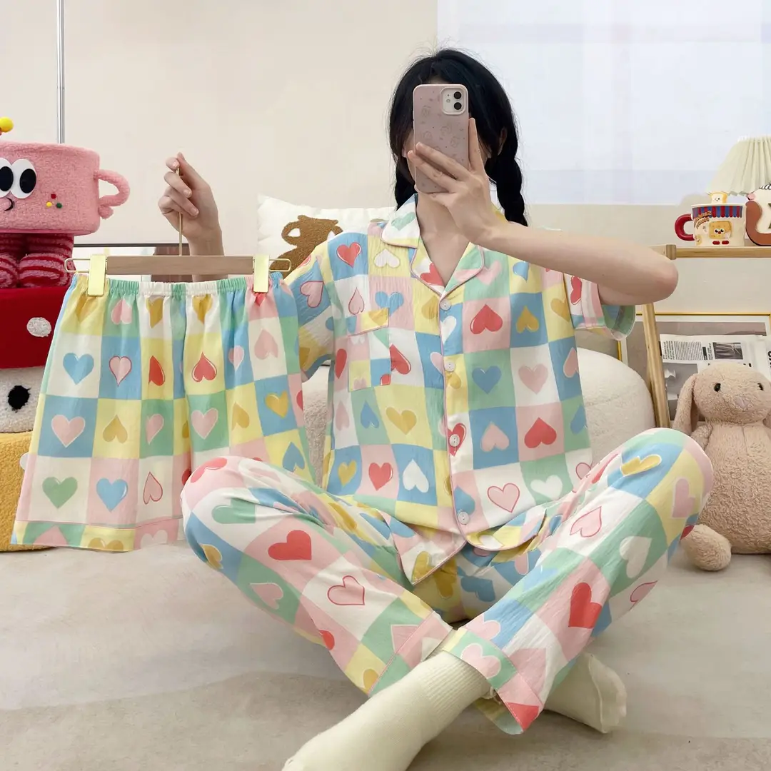 New Pleated Cloud Cotton Pajamas Girls Three-Piece Spring and Summer Printed Lapel Cute Home Clothes Set Cartoon