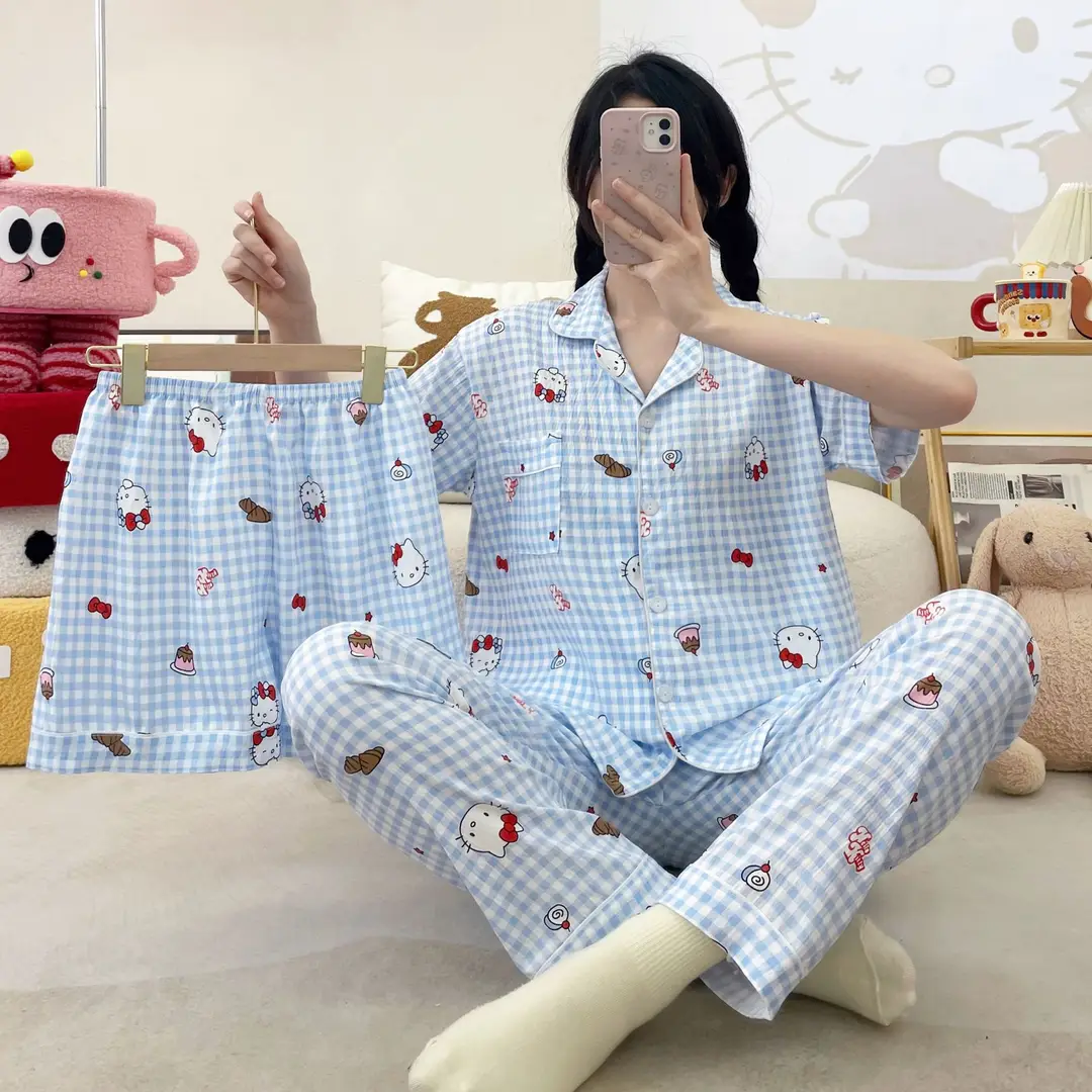 New Pleated Cloud Cotton Pajamas Girls Three-Piece Spring and Summer Printed Lapel Cute Home Clothes Set Cartoon
