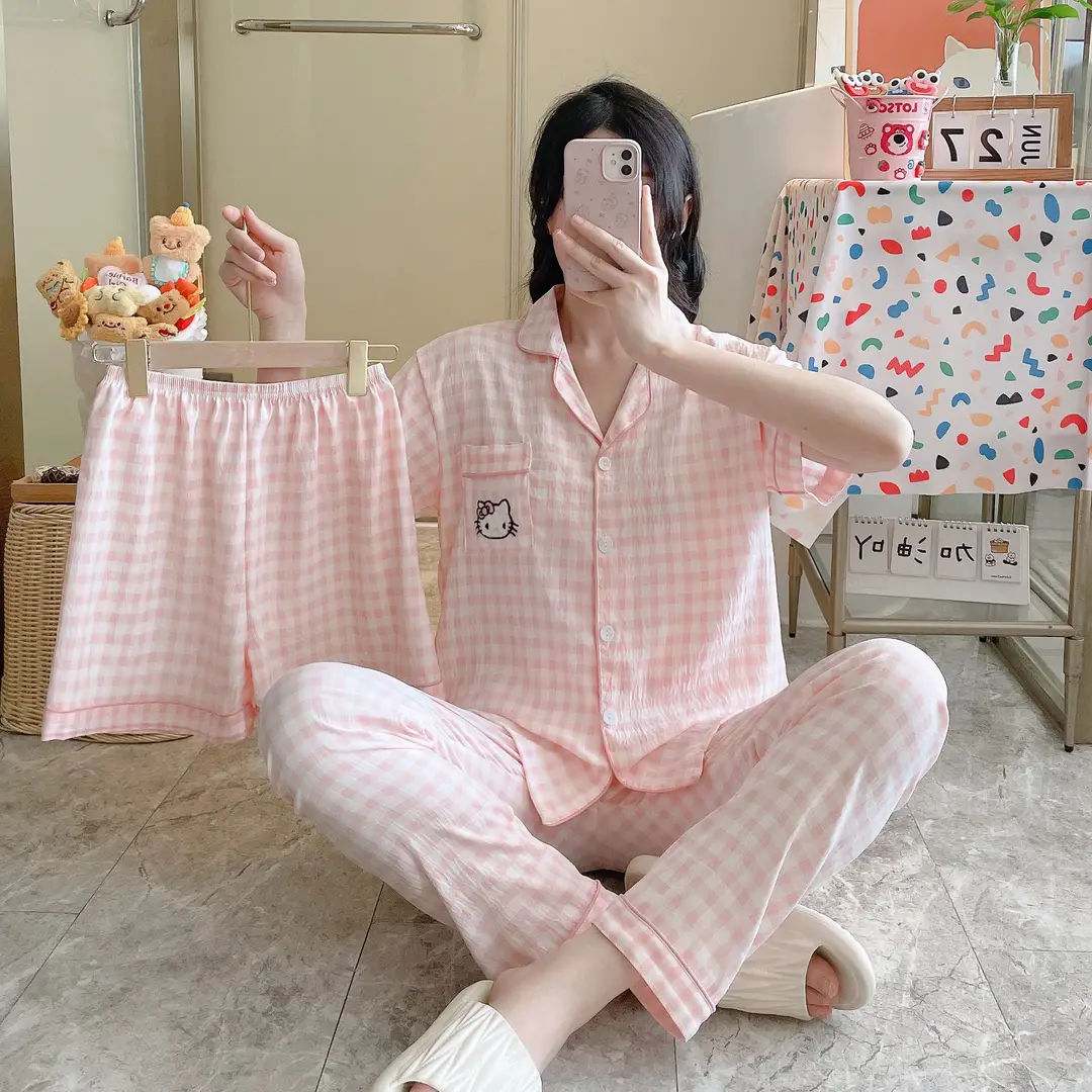 New Pleated Cloud Cotton Pajamas Girls Three-Piece Spring and Summer Printed Lapel Cute Home Clothes Set Cartoon