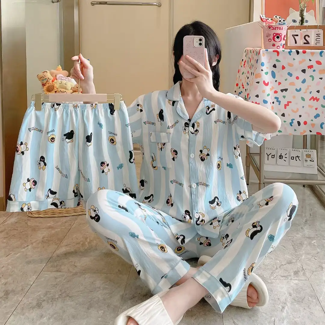 New Pleated Cloud Cotton Pajamas Girls Three-Piece Spring and Summer Printed Lapel Cute Home Clothes Set Cartoon