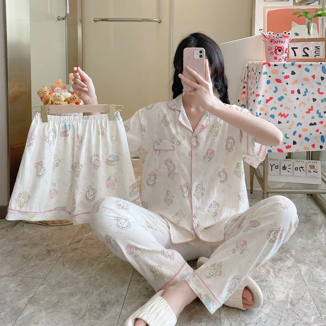 New Pleated Cloud Cotton Pajamas Girls Three-Piece Spring and Summer Printed Lapel Cute Home Clothes Set Cartoon