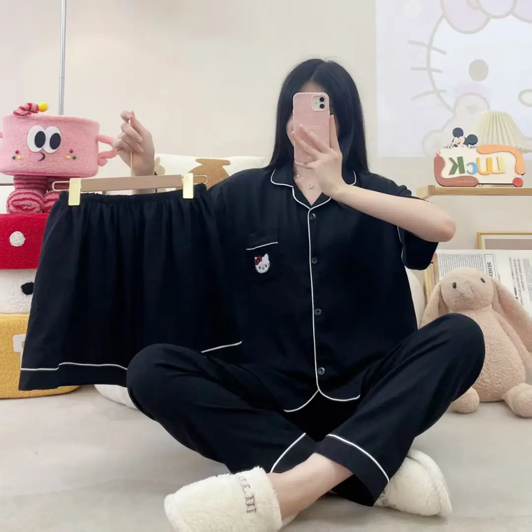 New Pleated Cloud Cotton Pajamas Girls Three-Piece Spring and Summer Printed Lapel Cute Home Clothes Set Cartoon