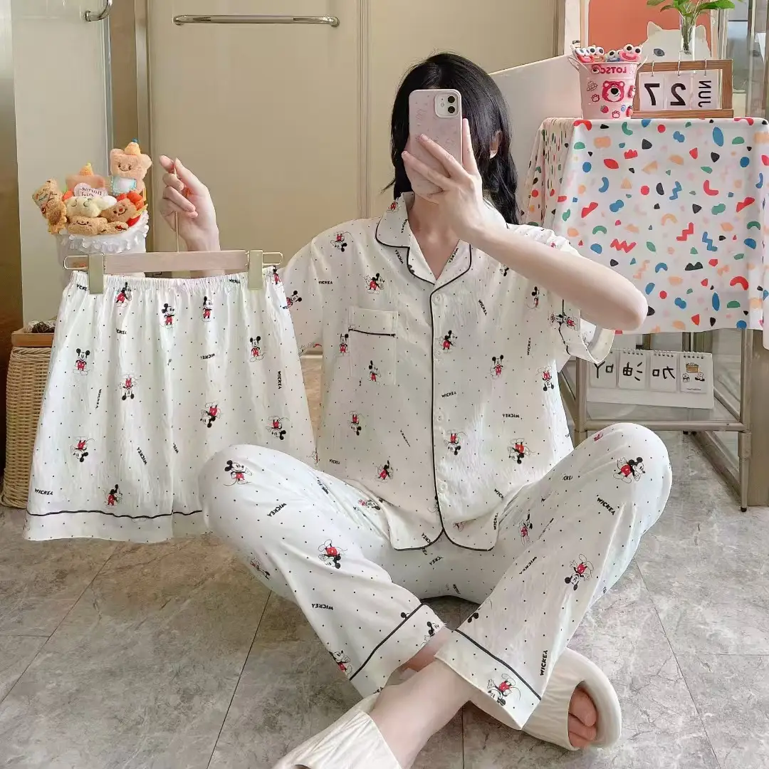 New Pleated Cloud Cotton Pajamas Girls Three-Piece Spring and Summer Printed Lapel Cute Home Clothes Set Cartoon