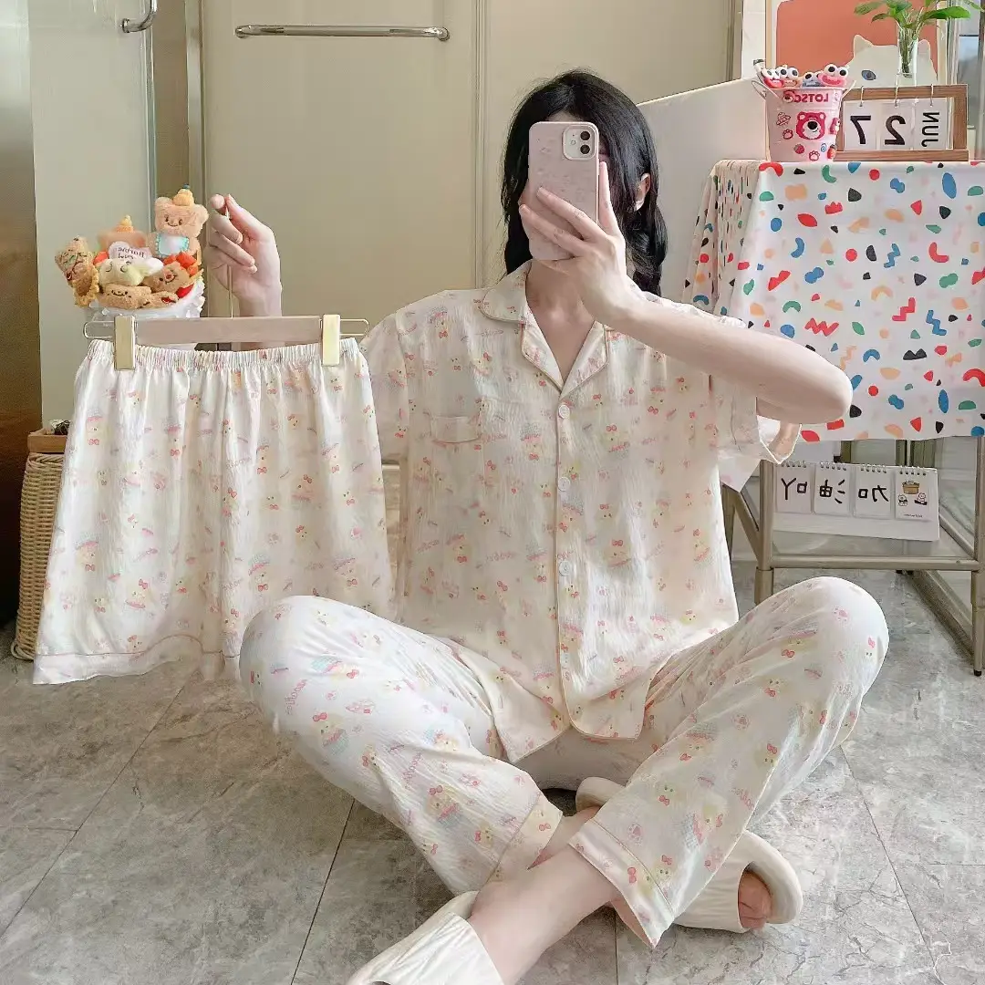 New Pleated Cloud Cotton Pajamas Girls Three-Piece Spring and Summer Printed Lapel Cute Home Clothes Set Cartoon