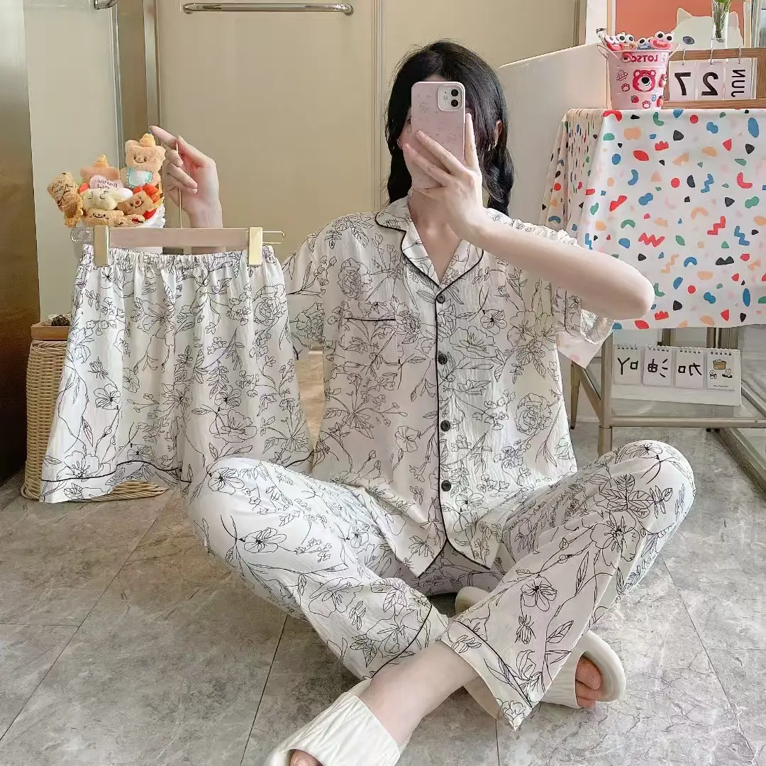 New Pleated Cloud Cotton Pajamas Girls Three-Piece Spring and Summer Printed Lapel Cute Home Clothes Set Cartoon