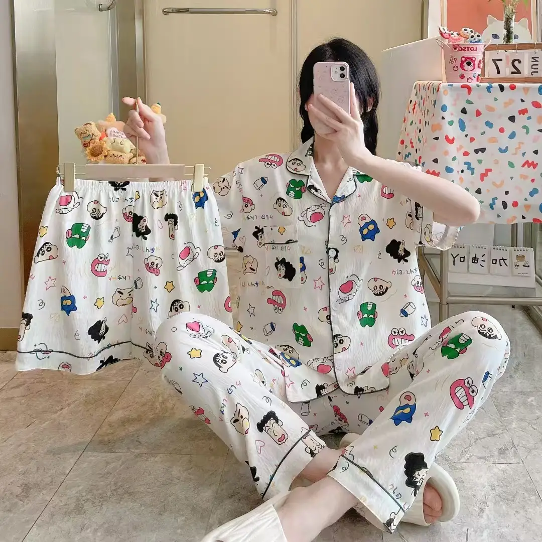 New Pleated Cloud Cotton Pajamas Girls Three-Piece Spring and Summer Printed Lapel Cute Home Clothes Set Cartoon