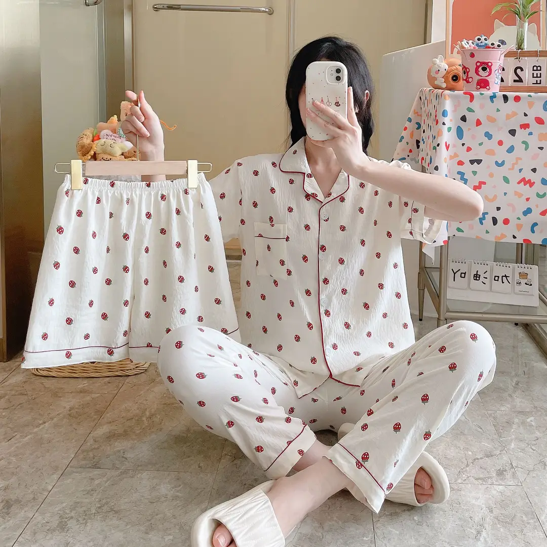 New Pleated Cloud Cotton Pajamas Girls Three-Piece Spring and Summer Printed Lapel Cute Home Clothes Set Cartoon