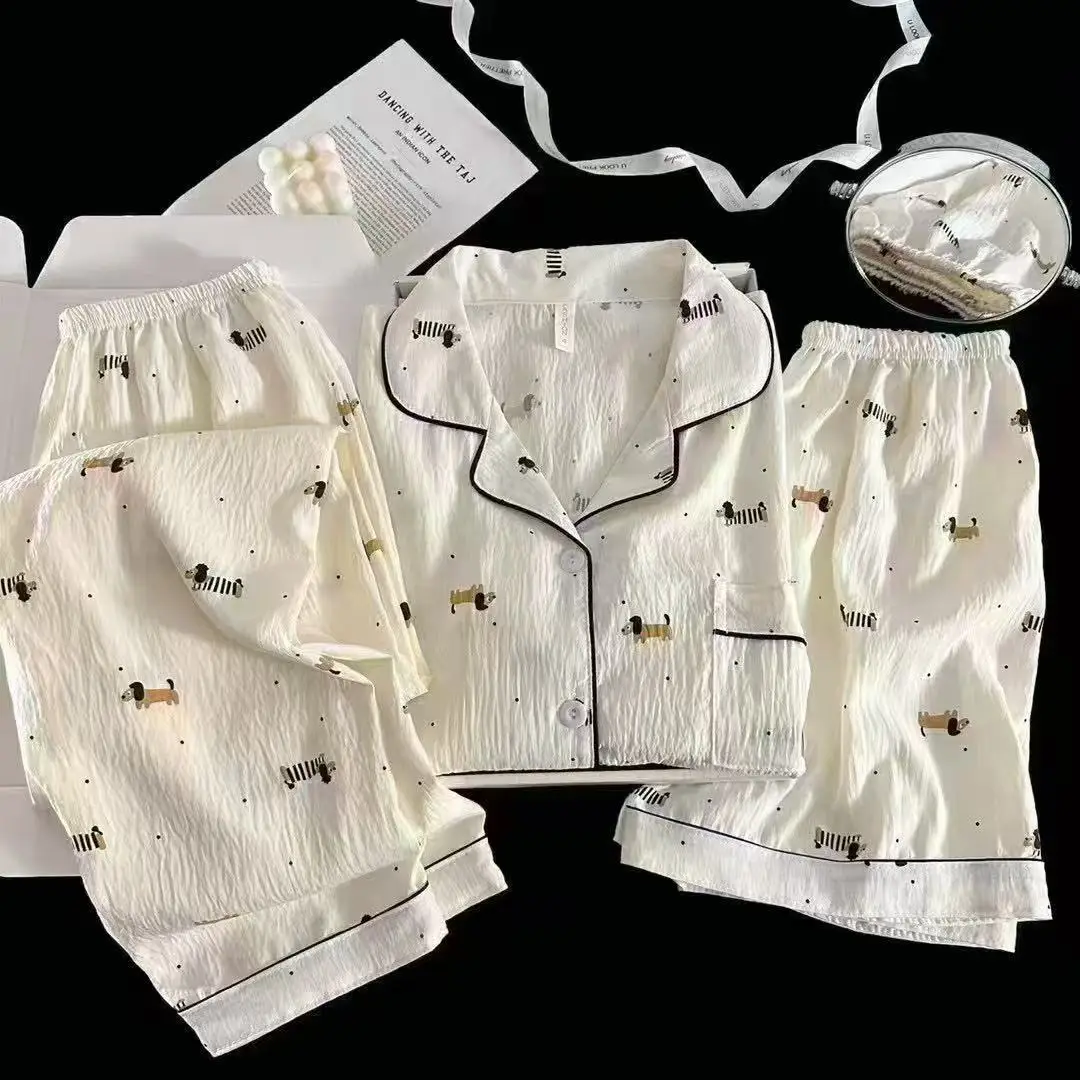 New Pleated Cloud Cotton Pajamas Girls Three-Piece Spring and Summer Printed Lapel Cute Home Clothes Set Cartoon