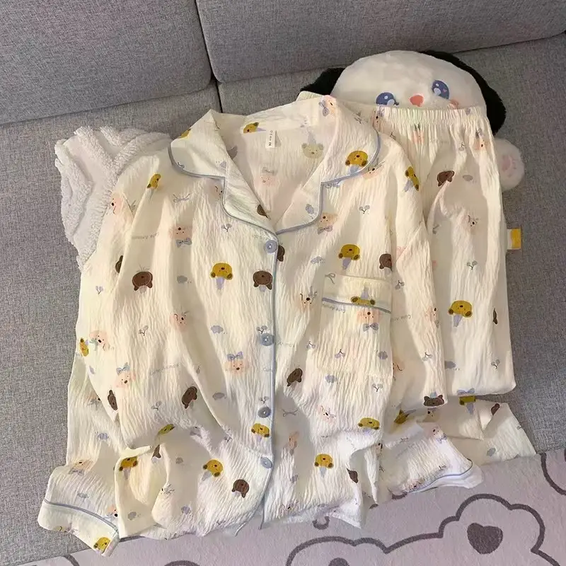New Pleated Cloud Cotton Pajamas Girls Three-Piece Spring and Summer Printed Lapel Cute Home Clothes Set Cartoon