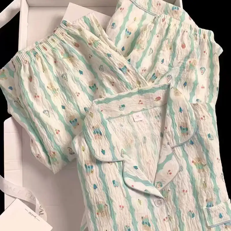 New Pleated Cloud Cotton Pajamas Girls Three-Piece Spring and Summer Printed Lapel Cute Home Clothes Set Cartoon