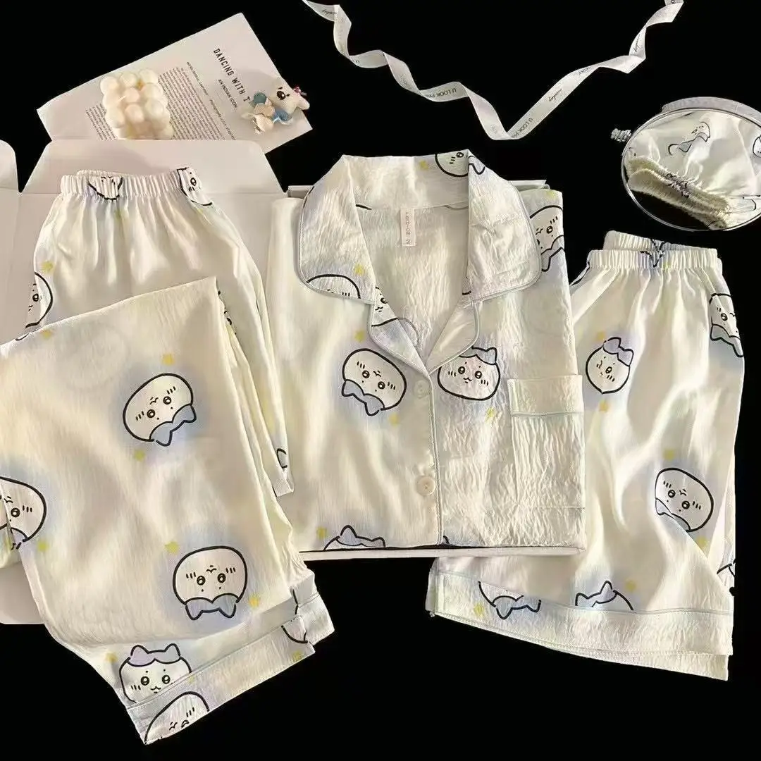 New Pleated Cloud Cotton Pajamas Girls Three-Piece Spring and Summer Printed Lapel Cute Home Clothes Set Cartoon