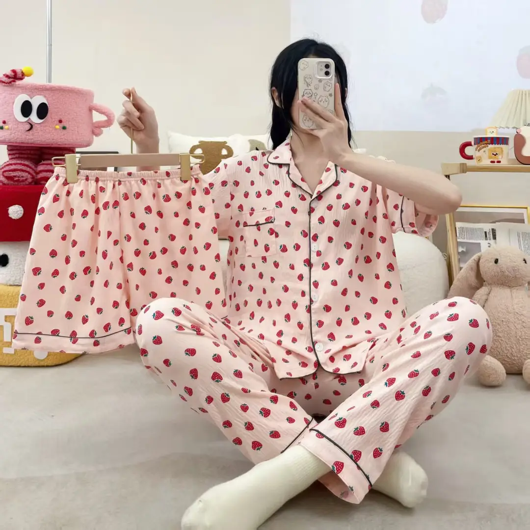 New Pleated Cloud Cotton Pajamas Girls Three-Piece Spring and Summer Printed Lapel Cute Home Clothes Set Cartoon