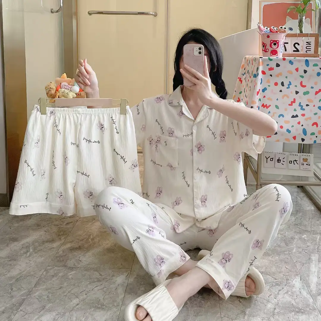 New Pleated Cloud Cotton Pajamas Girls Three-Piece Spring and Summer Printed Lapel Cute Home Clothes Set Cartoon