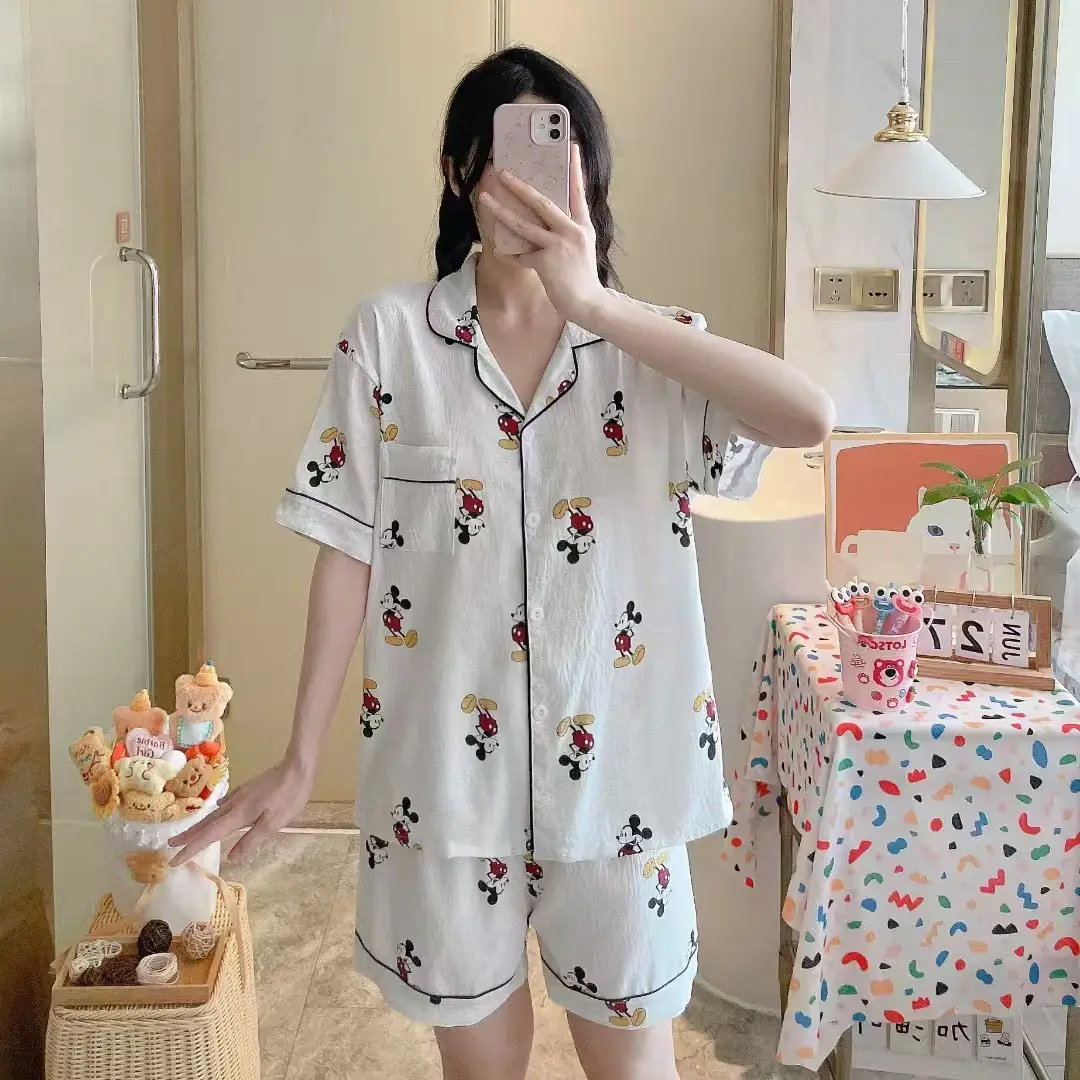 New Pleated Cloud Cotton Pajamas Girls Three-Piece Spring and Summer Printed Lapel Cute Home Clothes Set Cartoon