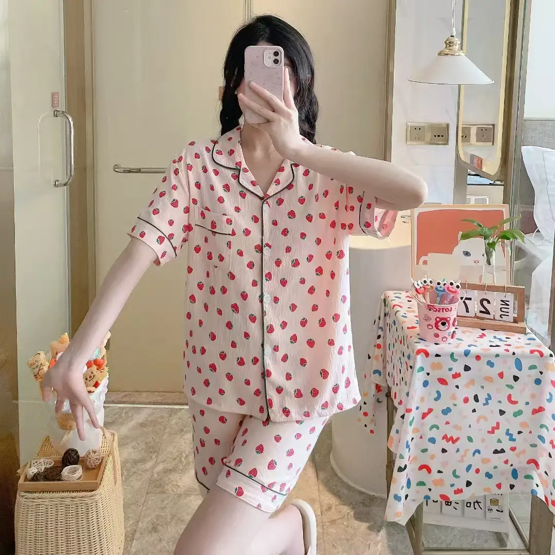 New Pleated Cloud Cotton Pajamas Girls Three-Piece Spring and Summer Printed Lapel Cute Home Clothes Set Cartoon