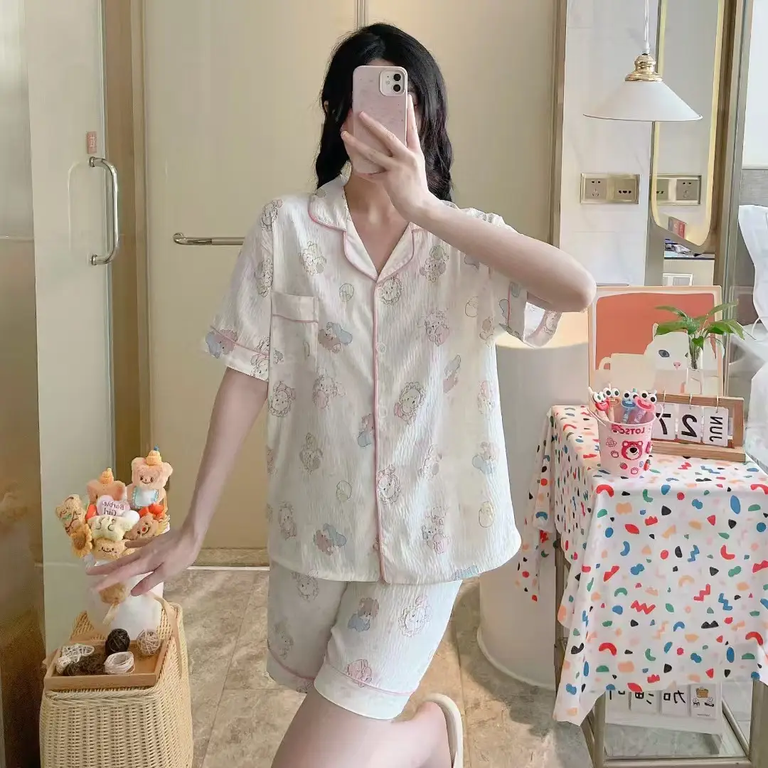 New Pleated Cloud Cotton Pajamas Girls Three-Piece Spring and Summer Printed Lapel Cute Home Clothes Set Cartoon
