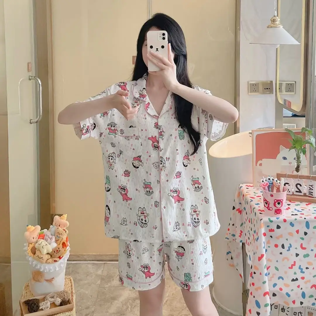 New Pleated Cloud Cotton Pajamas Girls Three-Piece Spring and Summer Printed Lapel Cute Home Clothes Set Cartoon