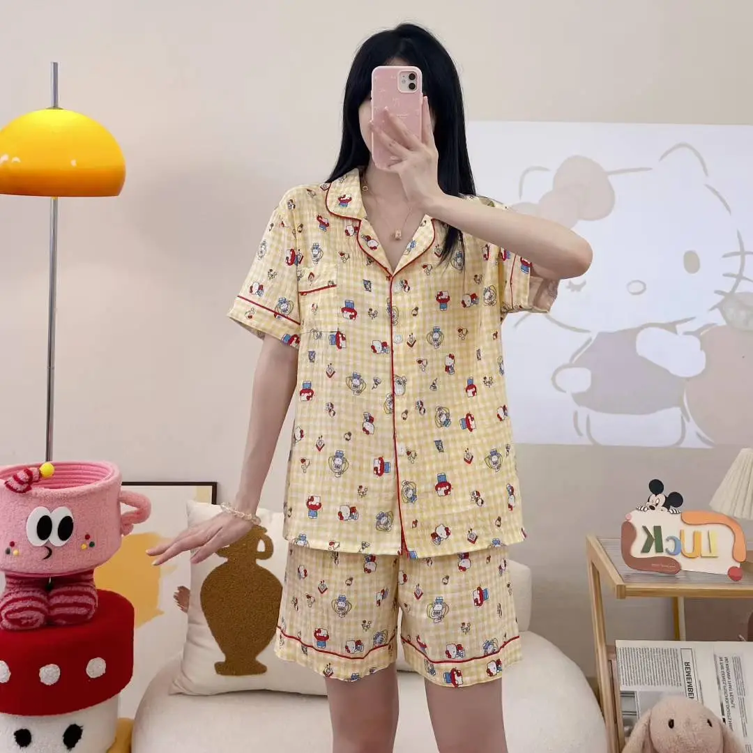 New Pleated Cloud Cotton Pajamas Girls Three-Piece Spring and Summer Printed Lapel Cute Home Clothes Set Cartoon