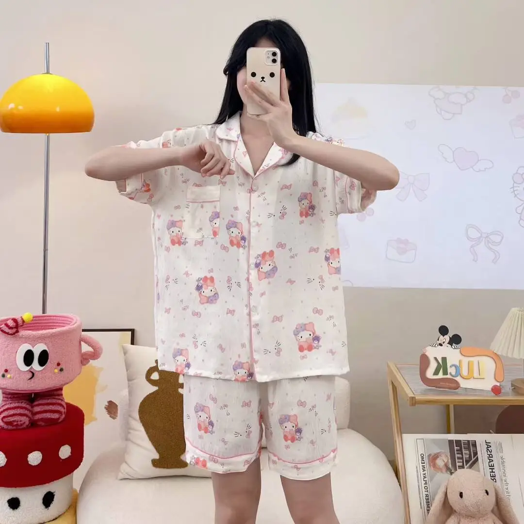 New Pleated Cloud Cotton Pajamas Girls Three-Piece Spring and Summer Printed Lapel Cute Home Clothes Set Cartoon