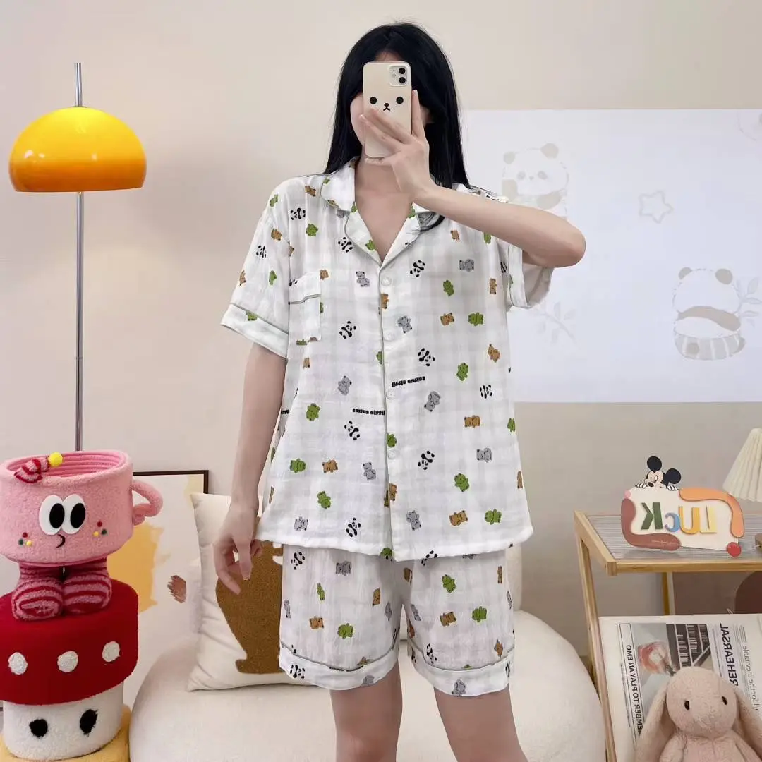 New Pleated Cloud Cotton Pajamas Girls Three-Piece Spring and Summer Printed Lapel Cute Home Clothes Set Cartoon