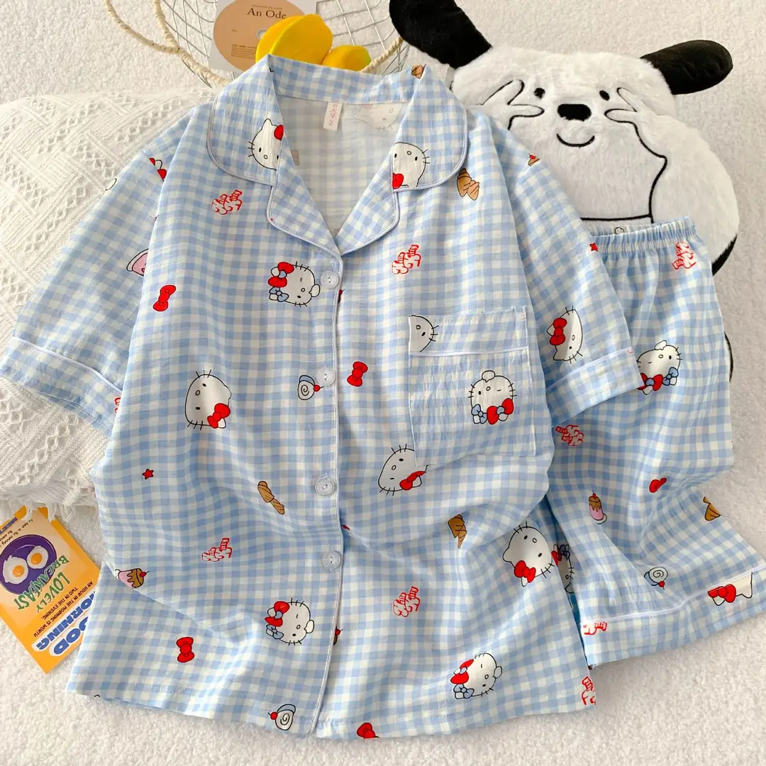 New Pleated Cloud Cotton Pajamas Girls Three-Piece Spring and Summer Printed Lapel Cute Home Clothes Set Cartoon