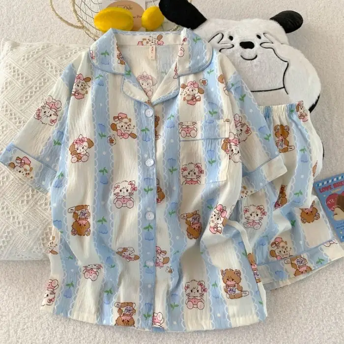 New Pleated Cloud Cotton Pajamas Girls Three-Piece Spring and Summer Printed Lapel Cute Home Clothes Set Cartoon