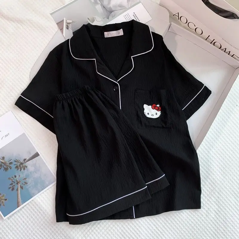 New Pleated Cloud Cotton Pajamas Girls Three-Piece Spring and Summer Printed Lapel Cute Home Clothes Set Cartoon
