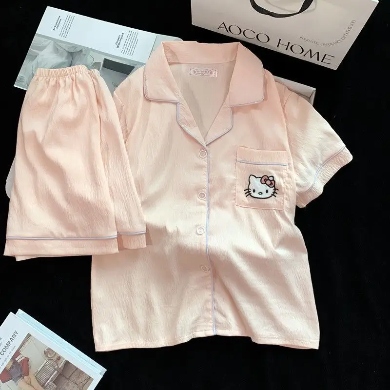 New Pleated Cloud Cotton Pajamas Girls Three-Piece Spring and Summer Printed Lapel Cute Home Clothes Set Cartoon