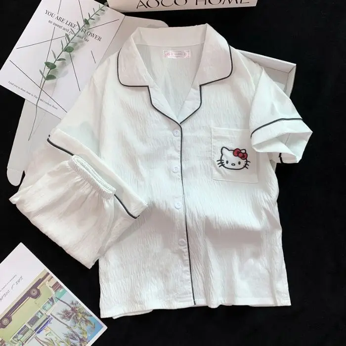 New Pleated Cloud Cotton Pajamas Girls Three-Piece Spring and Summer Printed Lapel Cute Home Clothes Set Cartoon
