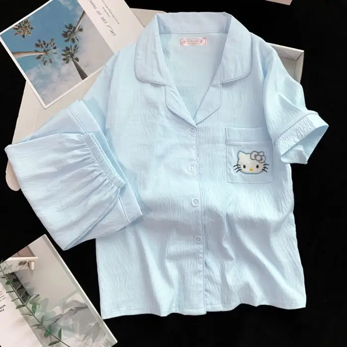 New Pleated Cloud Cotton Pajamas Girls Three-Piece Spring and Summer Printed Lapel Cute Home Clothes Set Cartoon