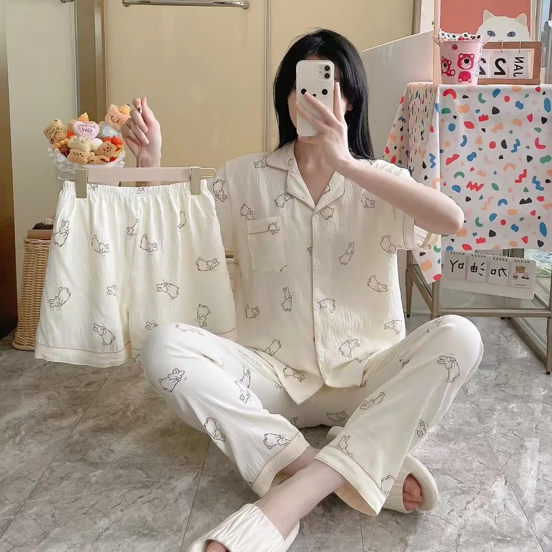 New Pleated Cloud Cotton Pajamas Girls Three-Piece Spring and Summer Printed Lapel Cute Home Clothes Set Cartoon