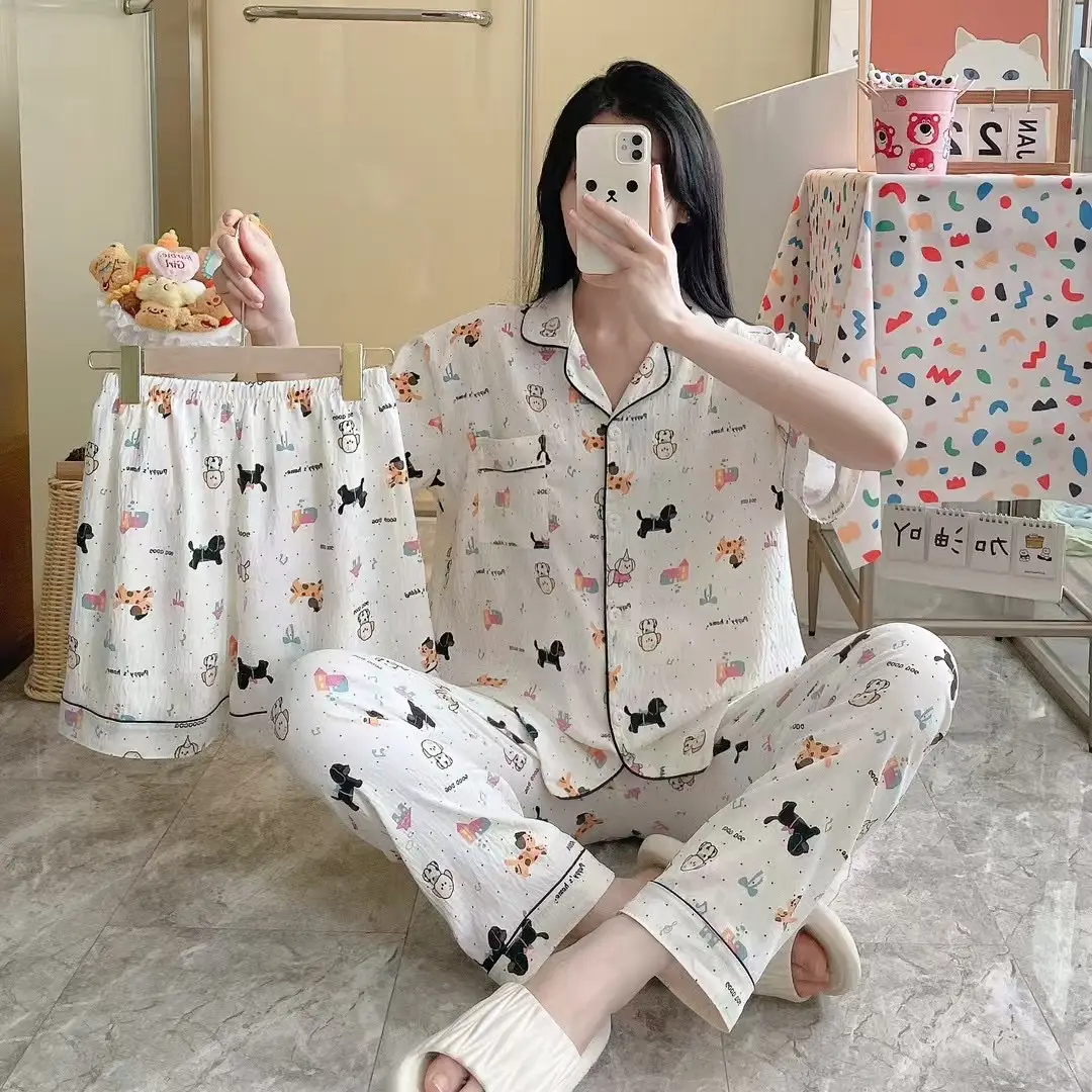 New Pleated Cloud Cotton Pajamas Girls Three-Piece Spring and Summer Printed Lapel Cute Home Clothes Set Cartoon