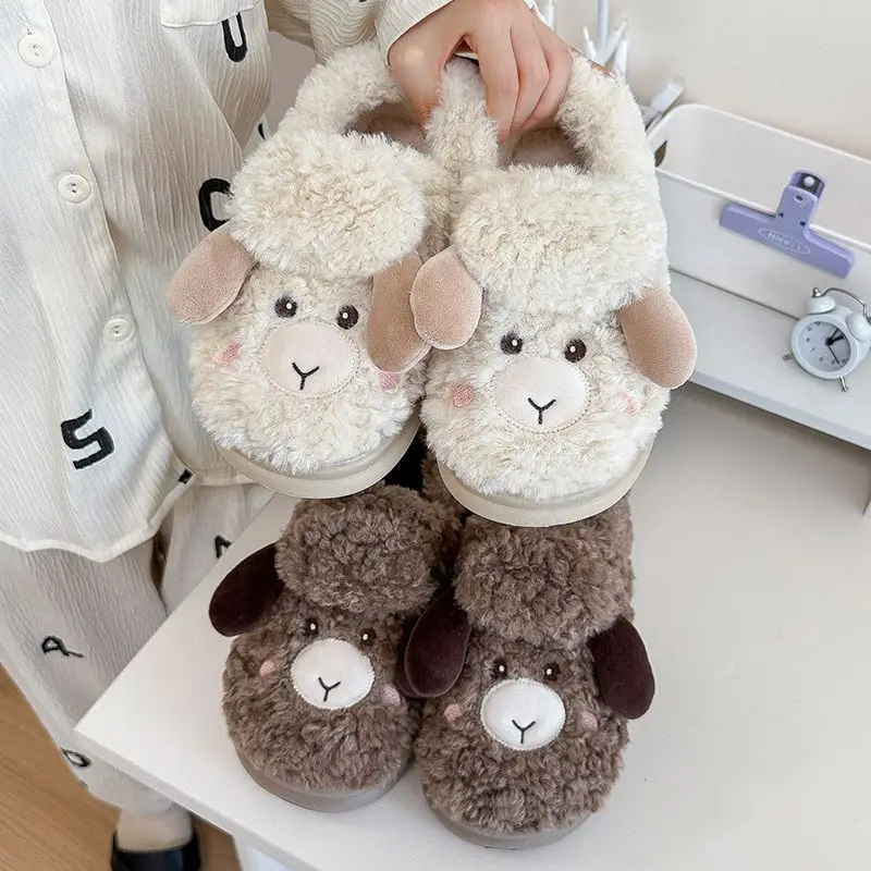 Cute Plush Lamb Slippers for Women Winter Warm Indoor
