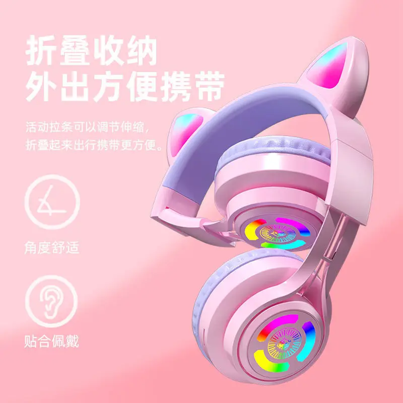 Cat Ear Bluetooth Gaming Headset Pink 80ms Low Latency - Image 8