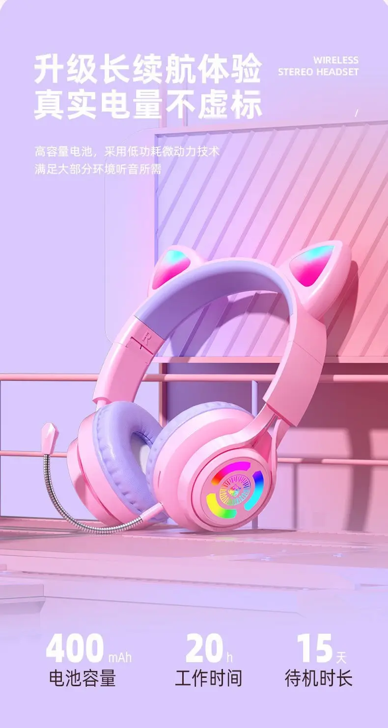 Cat Ear Bluetooth Gaming Headset Pink 80ms Low Latency β feature 9